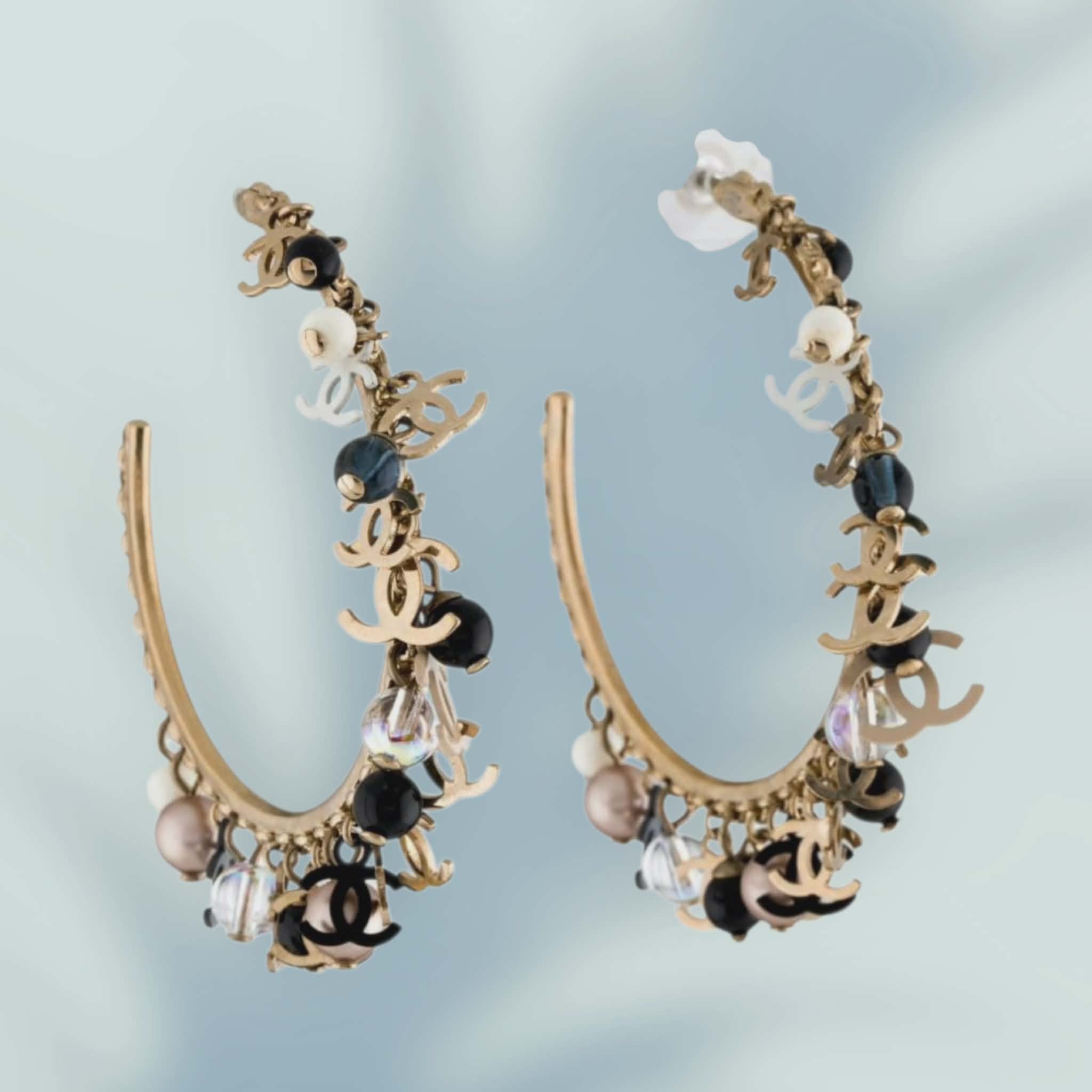 Chanel Pearl & Resin Charm CC Hoop Earrings